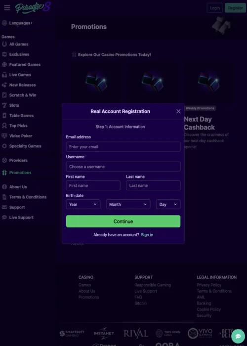 Sign Up Paradise 8 Casino